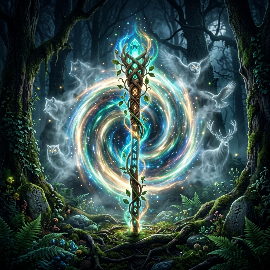 Bâton druidique devant un portail mystique